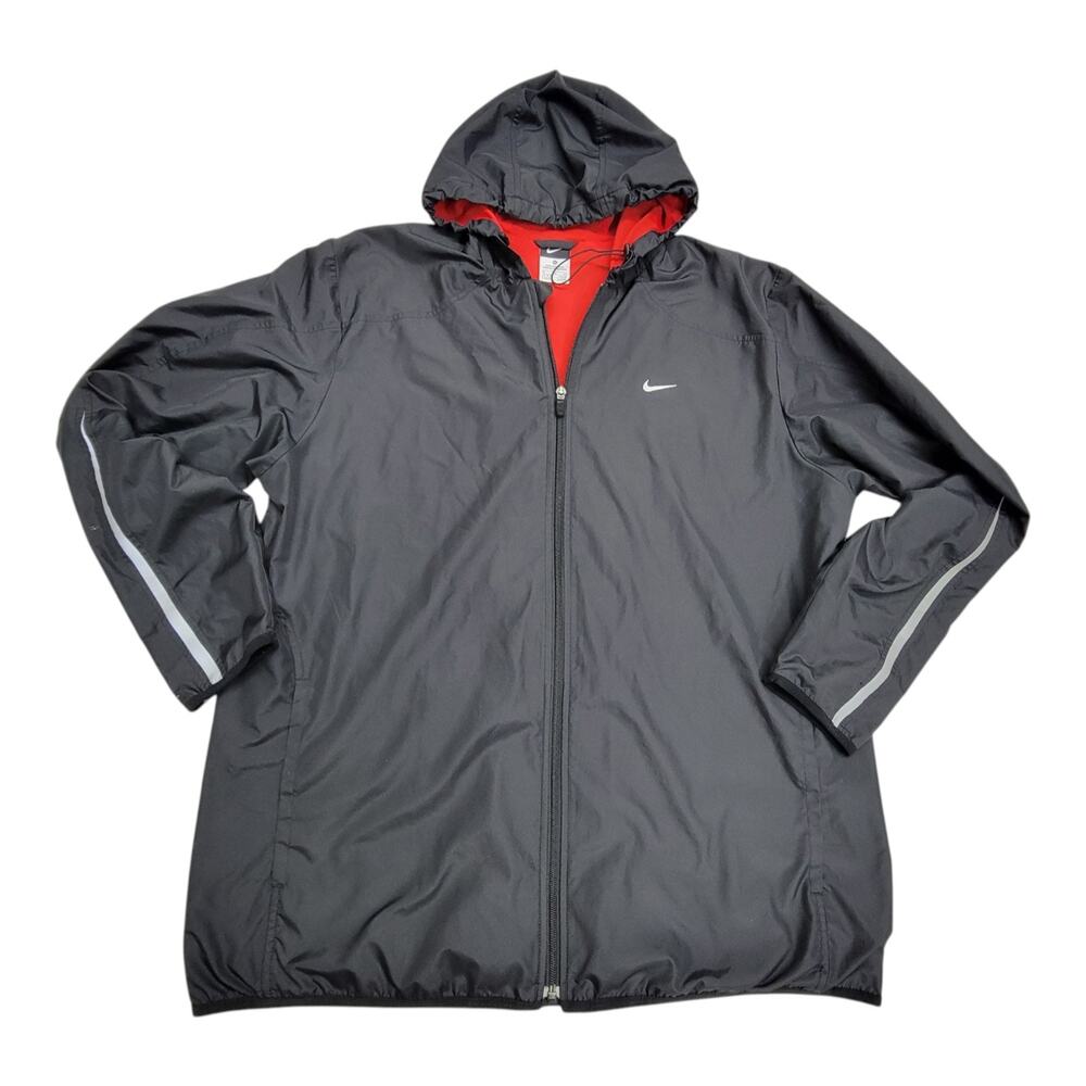 Nike Mens XL Windbreaker Jacket Full Zip Hooded Running Black Red Mesh Vented